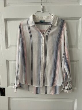 Fleur Bleue Striped Button-Down Shirt - White with Blue & Pink Stripes